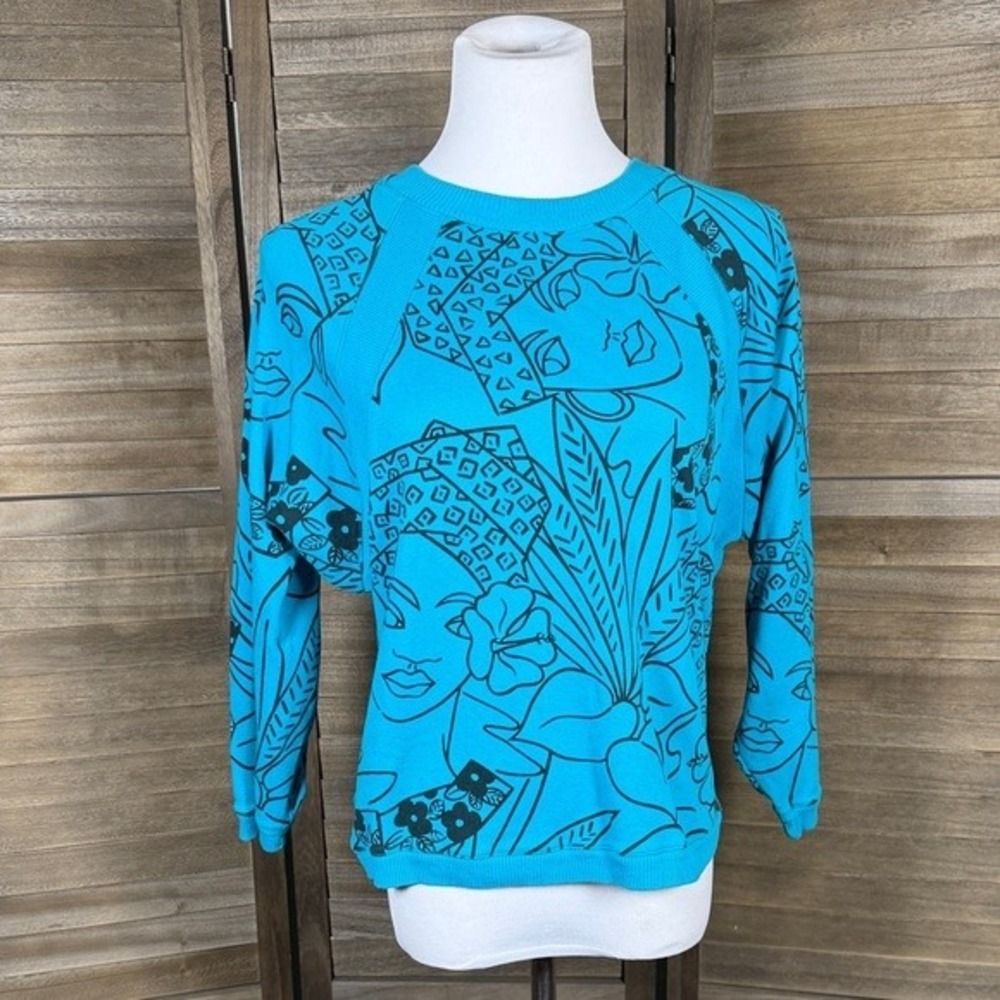Jeanne Pierre Sweater Womens S Graphic Print Turquoise Blue Cotton Ribbed Trim - Picture 3 of 9